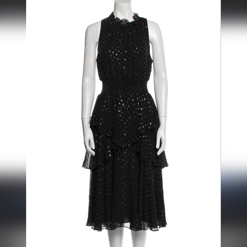 Rebecca Taylor Silk & Lurex Sleeveless Tiered Skirt Boat Neck Midi Dress Size 6
